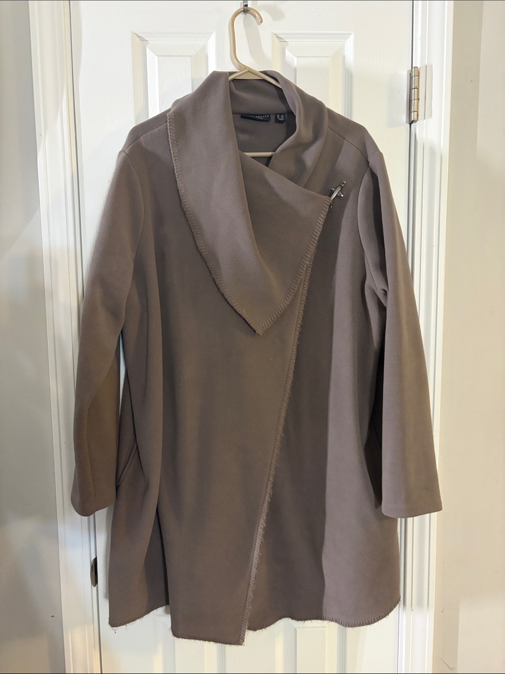 Susan Graver Taupe Draped Asymmetrical Trench Coat
